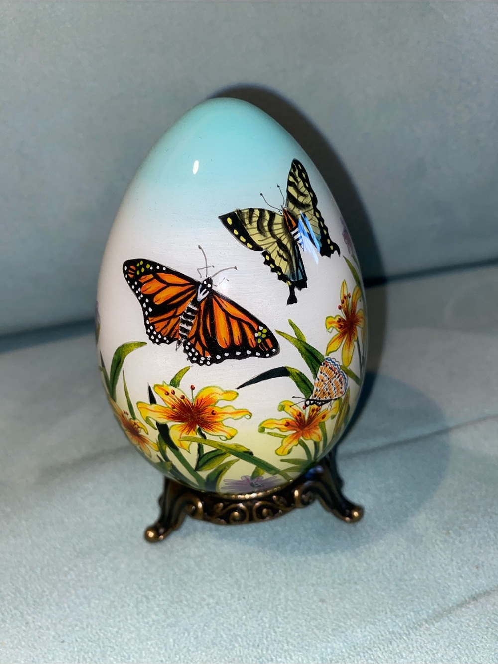 Hand-Painted Butterfly & Lily Decorative Egg - White, Light Blue, Orange